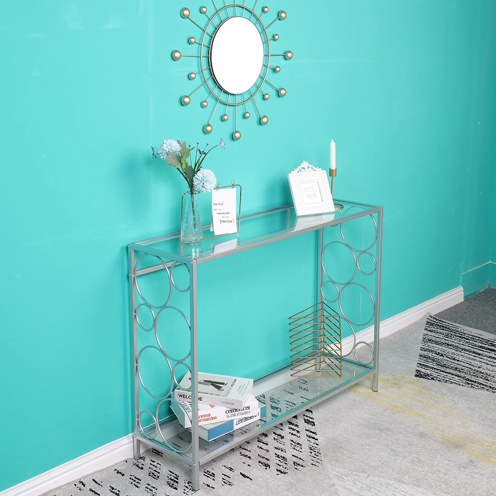 Toughened Glass Panel Console Table Side/Sofa Table 2 Styles Simplistic Design Iron Feet Sprayed With Silver Paint[US-Stock]