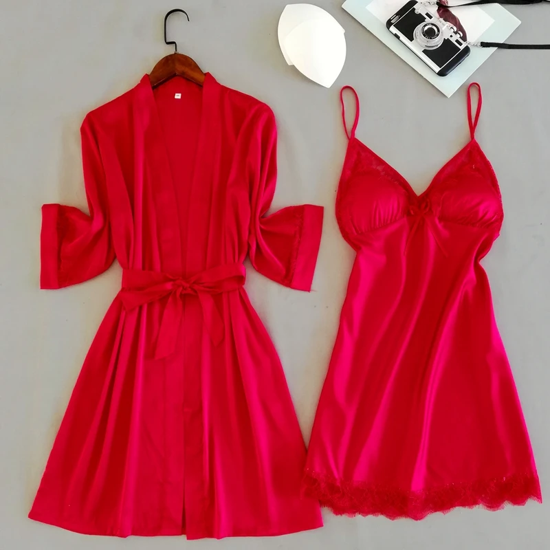 Pink 2PC Pajamas Sleep Set Women Lace Nightwear Kimono Robe Gown Suit Sexy V-Neck Sleepwear Strap Top Home Clothing Negligee