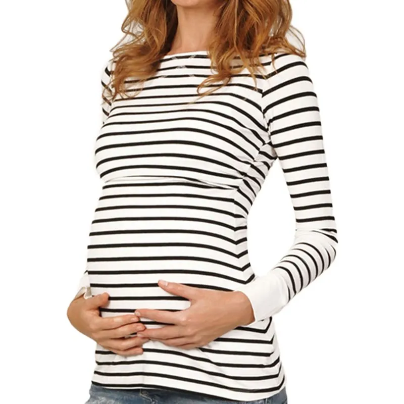 Maternity Pregnant Mother T-shirt Striped Long Sleeve Nursing Wear  Autumn Simple Fashion Round Neck Tops Breastfeeding Clothes