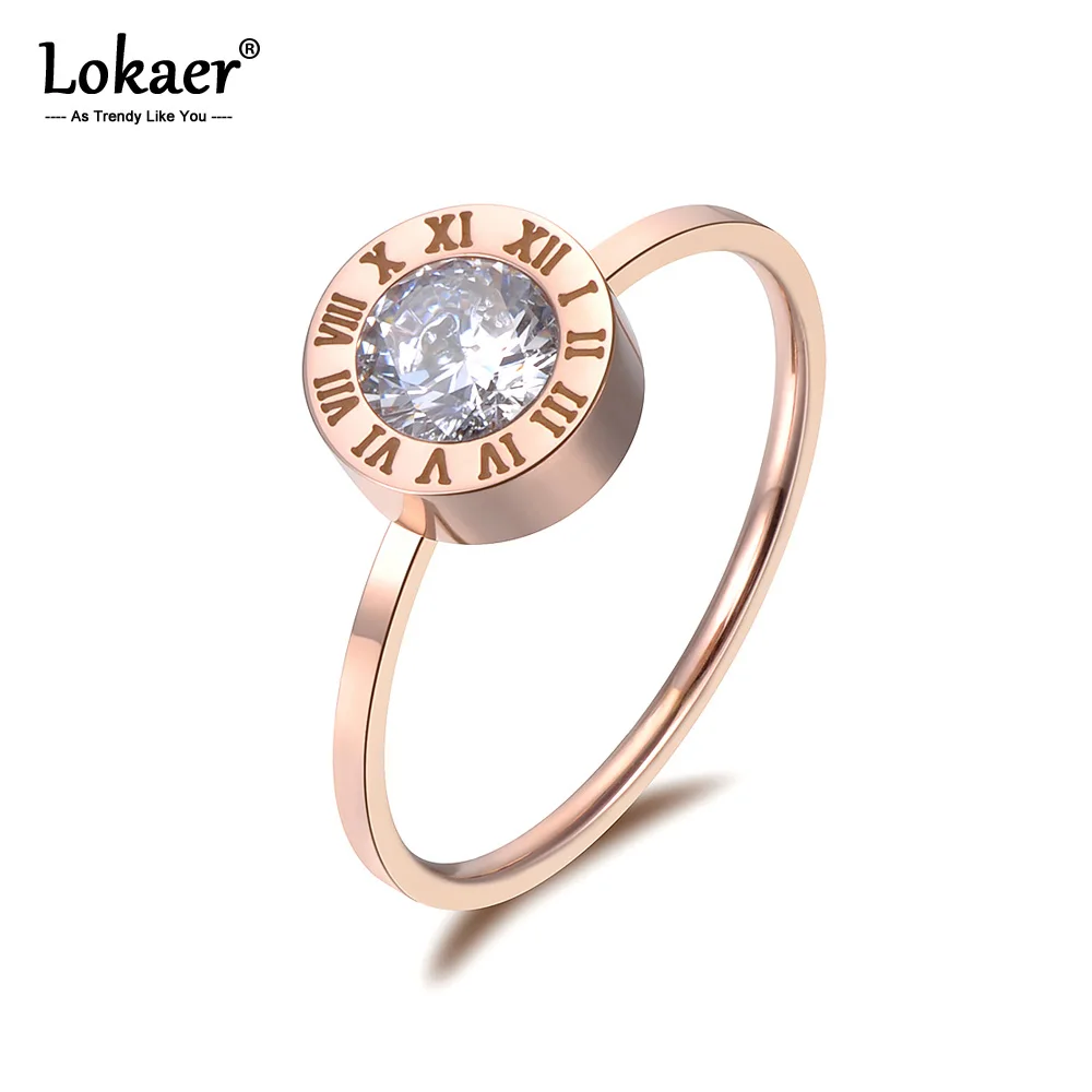 Lokaer Stainless Steel Jewelry Round AAA Zircon Roman Numerals Basic Models Anillos Mujer Rose Gold Color Rings R18139