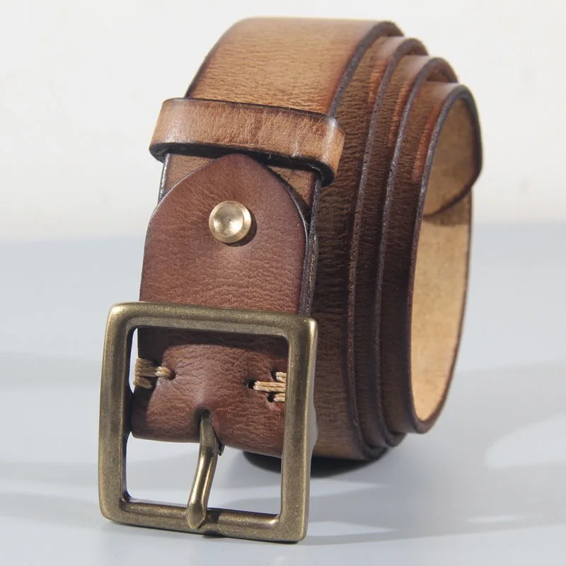 Vintage 100% Cowhide High Quality Retro Non-interlayer Natural Leather Copper Buckle Men's Belt Jeans Casual Pants Belt