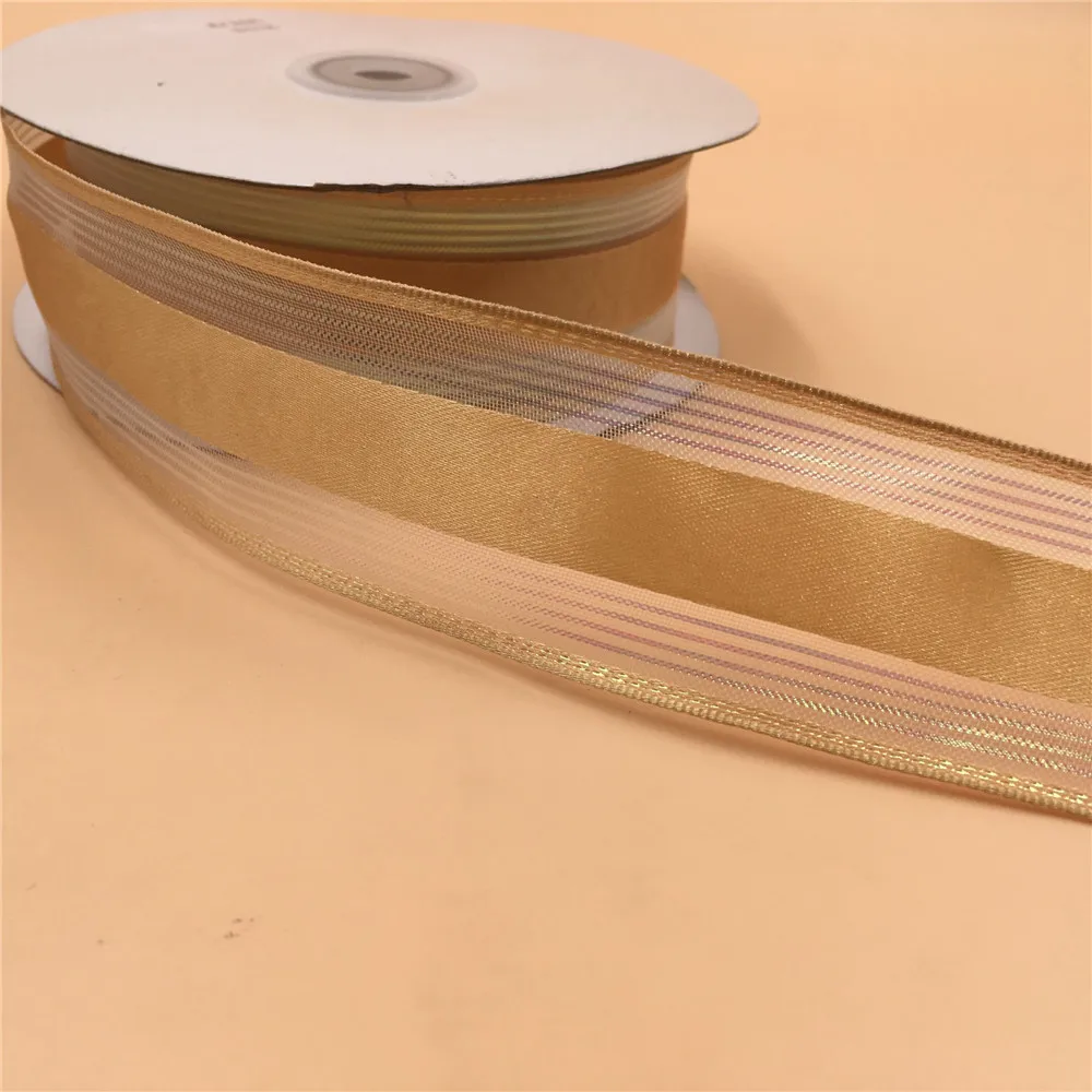 38MM 25yards  Gold Satin Wired Edge  Ribbon With Lurex Sheer Edges for Festival Christmas Decoration New Year Gift Wrapping