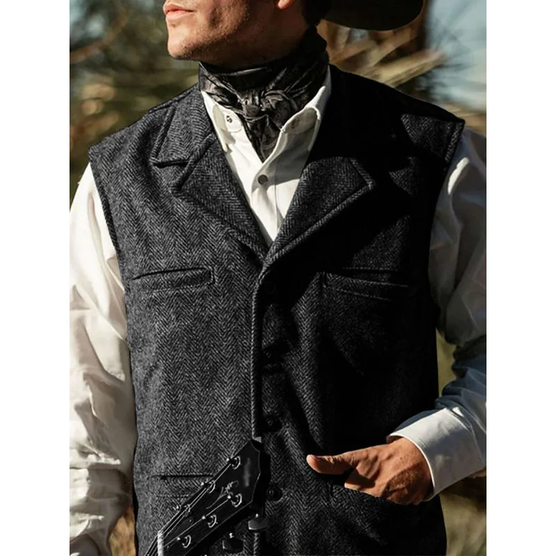 Men\'s Vest Herringbone Wool Vest Wedding Groom Vest Western Cowboy Vests Steampunk Vest Slim Fit Sleeveless Waistcoat