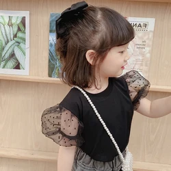 2021 Summer New Girls Wave Point T-Shirt Children Trumpet Sleeve Shirt Bottoming Shirt Seersucker Short Sleeves Kids Clothes