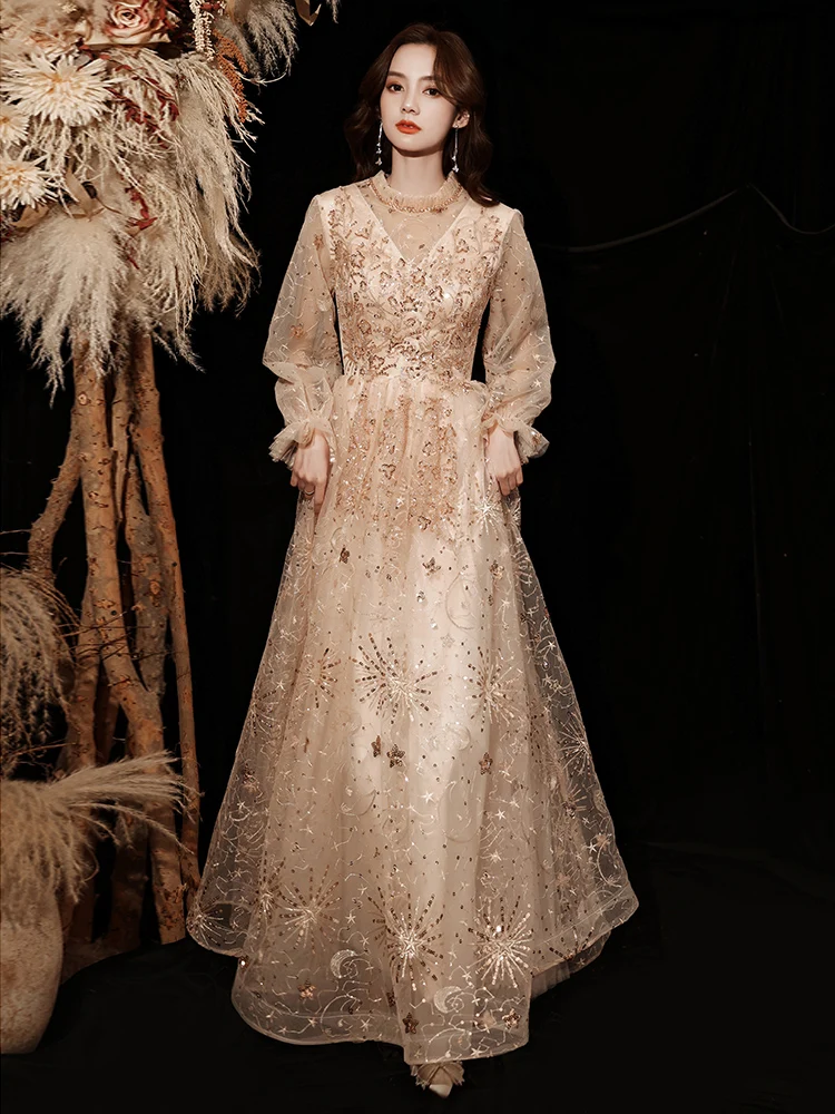 Gorgeous Champagne Evening Dress Stand Collar Full Sleeve Sequined Wedding Party Gown Women A-Line Slim Long Dress 2023