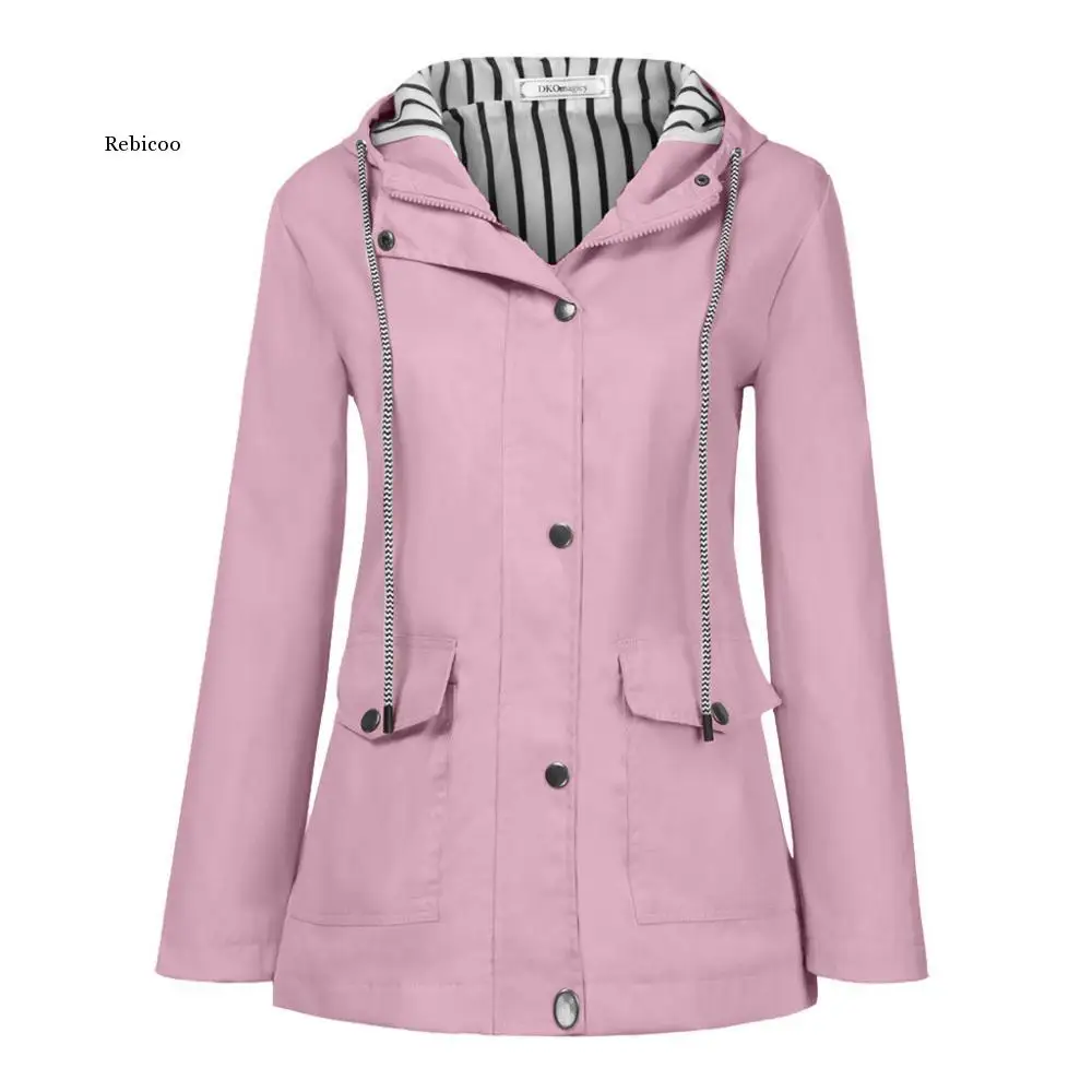 

Women Solid Color Long Rain Coat Outdoor Jackets With Waterproof Pouch Big Size Fashion Windproof Hoodie Waterproof Coat