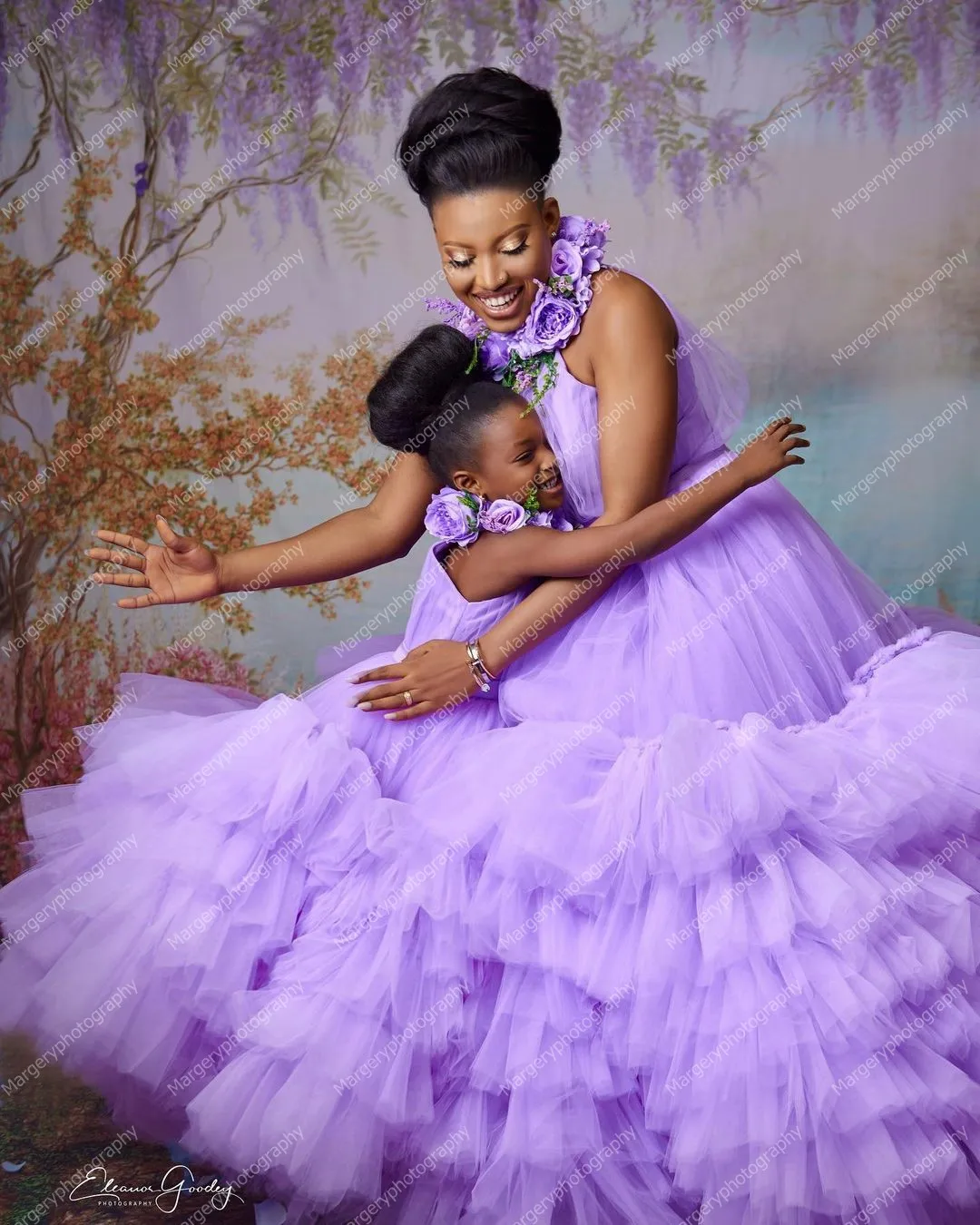 Elegant Lavander Mom And Me Tulle Dresses For Photo   Shoot Sleeveless Halter Ruffles Pleated Ball Gown   Mmother And Daughter G