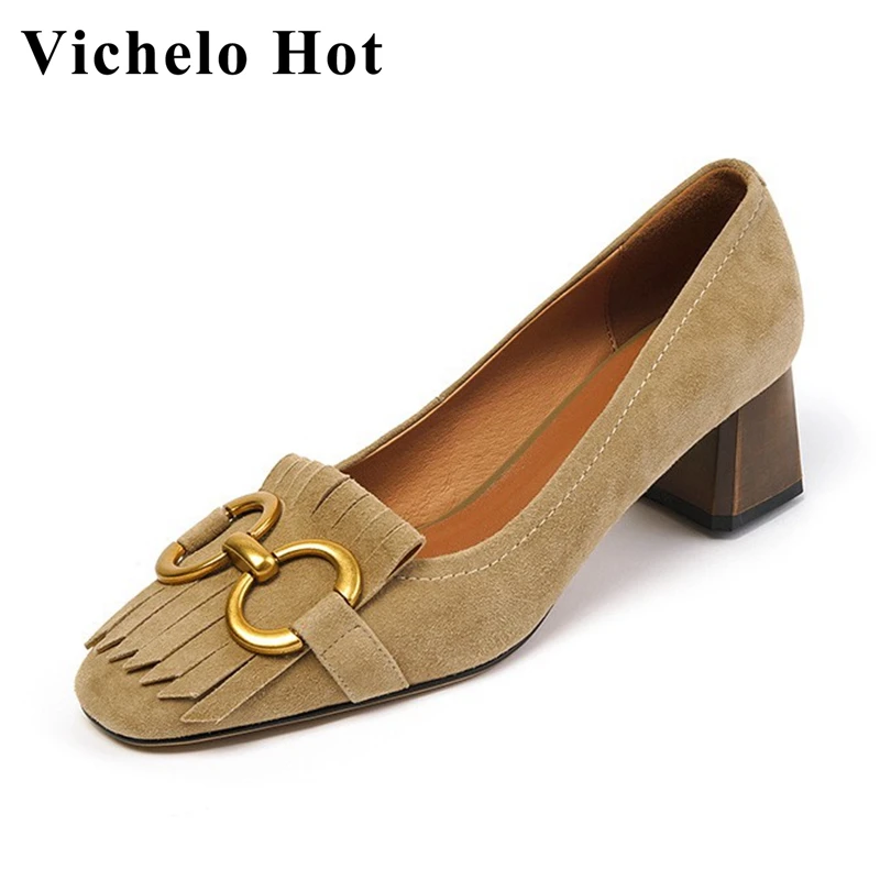 

Vichelo Hot French retro shallow shoes chic kid suede round toe office lady thick med heels tassel spring gentlewomen pumps l30