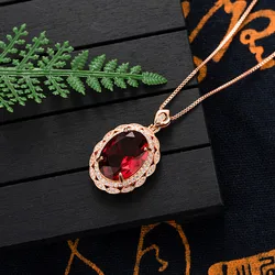 Solid 14K Rose Gold 45cm Necklace Pendant for Women Collares Mujer Red Ruby Gemstone Real 14 K Rose Gold 45 Cm Necklace Girls
