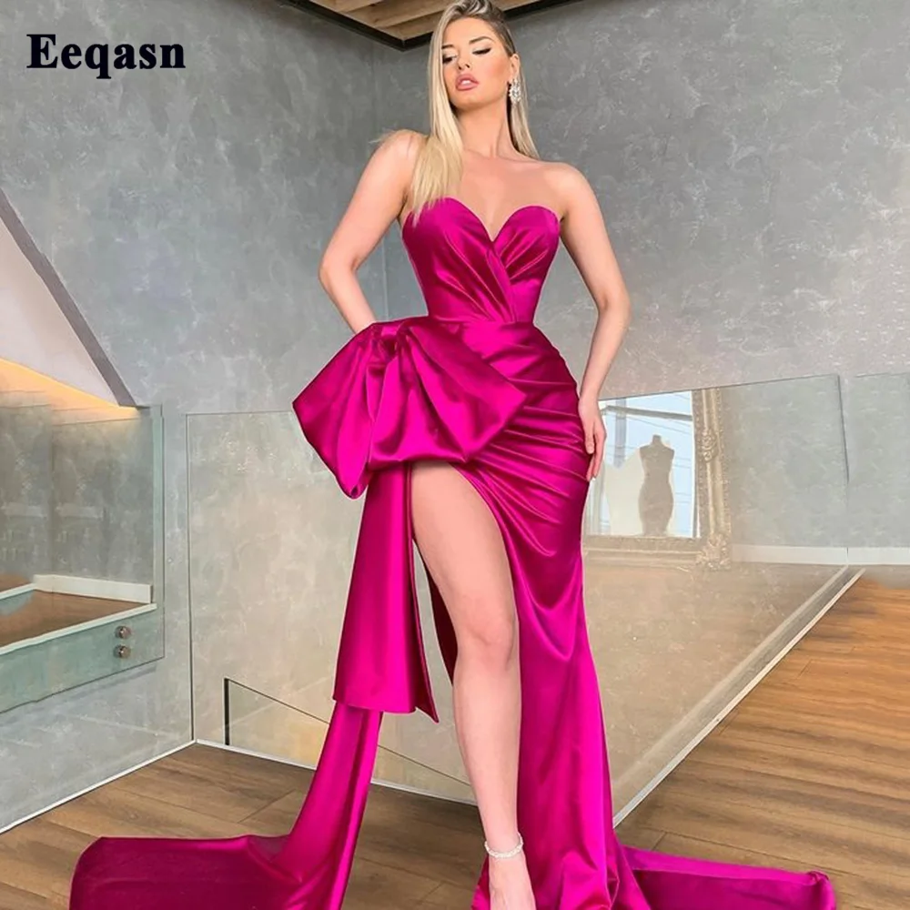 

Eeqasn Fuchsia Mermaid Satin Prom Dresses Long Sweetheart Evening Party Dress Pleats Slit Bow Women Formal Gowns with Side Train