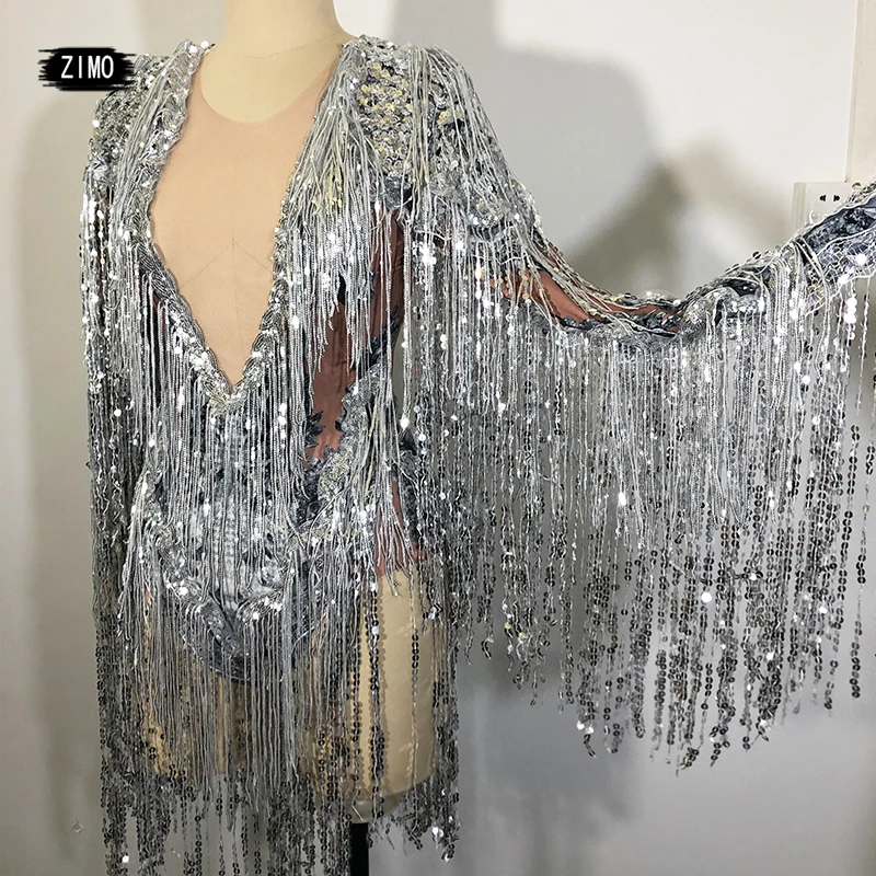 Sparkly sequins Fringe Bodysuit Women sexy Dancer Show Leotard Celebrate Outfit Prom Bar Birthday  party DJ nightclub Costumes