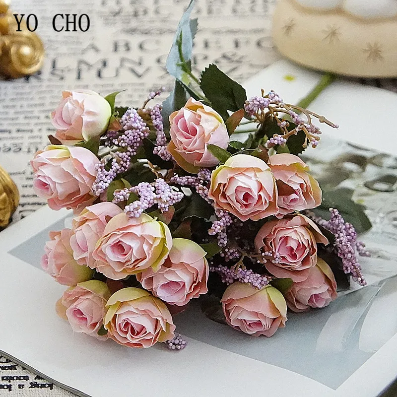 YO CHO Artificial Silk Rose Flower for Girl  Wedding Mini Bouquet  DIY Home Party Decoration  15 Heads  Champagne Blue