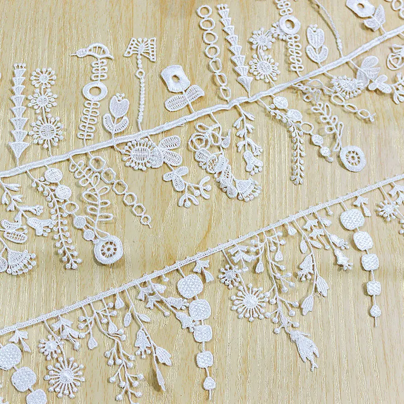 1Y White Black Water Soluble Lace Fabric Embroidered Ribbon Trim Edge For DIY Crafts Dresses Curtains Tassel Fringe Decor