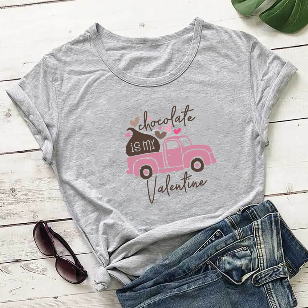 Chocolate Is My Valentine New Arrival Valentine's Day Tshirt 100%Cotton Women Shirt Unisex Funny Summer Casual Short Sleeve Top