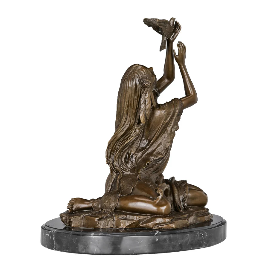 Indian Girl Release Pigeon Statue Bronze Hope for Peace and Lucky North Female Sculpture Figurine for Decor Souvenir