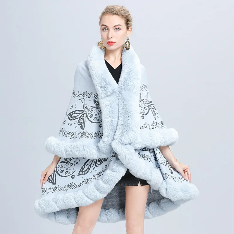 Winter Faux Vossenbont Vest Warme Poncho Losse Cape Gebreide Sjaal Overjas Oversize Vrouwen Twee Lagen Jacquard Weave Dikke Mantel