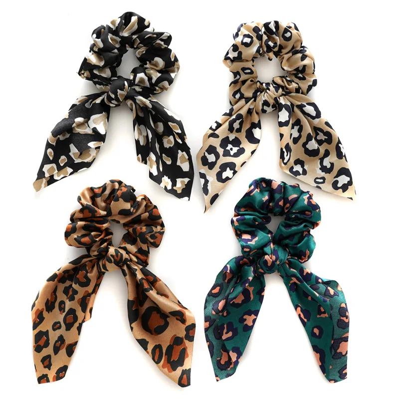 Uszy królika elastyczne włosy dziewczyna Scrunchie do włosów wzór w cętki satynowe kokardy do włosów w kucyk akcesoria do kaptura dla kobiet