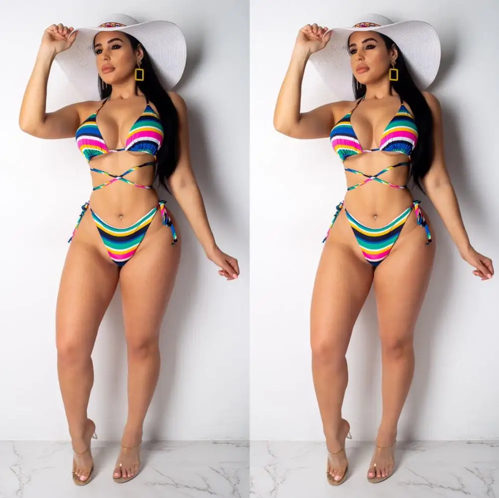 Sexy Bikinis Women Swimsuit Stripe Printed Three Piece Set Spaghetti Strap Sleeveless Crop Top+Short Pants And Cover Up