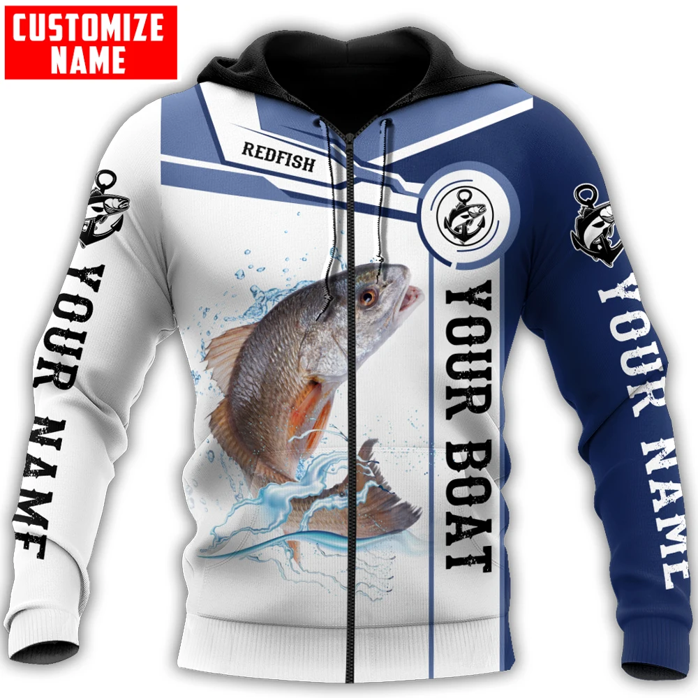 Nama Kustom Redfish Memancing 3D Seluruh Cetak Hoodie & Kaus Pria Musim Gugur Uniseks Zip Hoodie Kasual Tracksuit KJ783