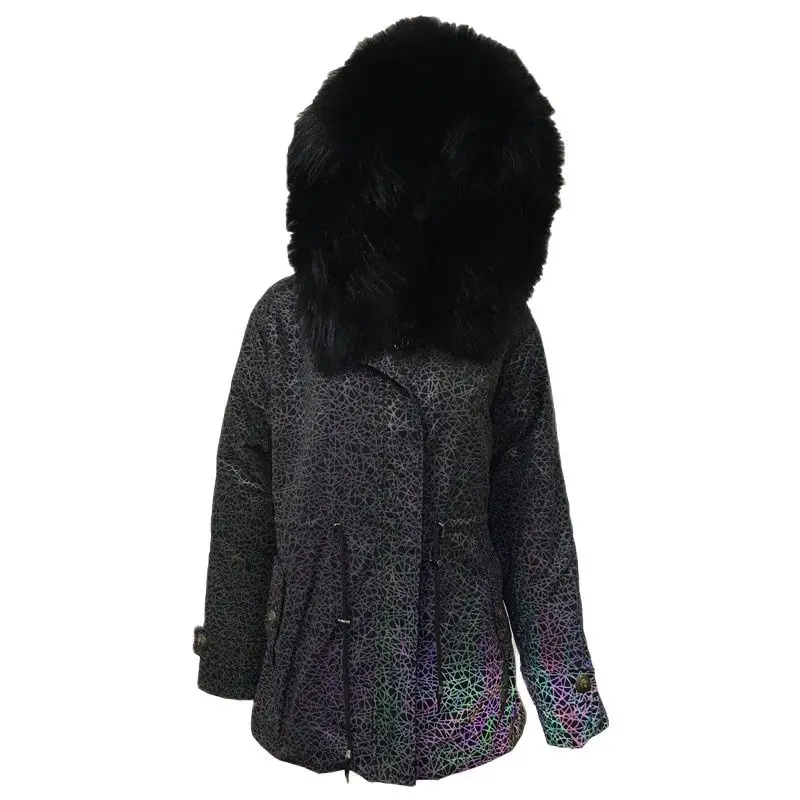 Laser Reflective Purple Short Coat Real Raccoon Fur Big Collar Winter Casual Parka For Men Faux Fur Liner Can Be Custom