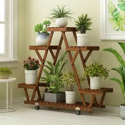 Estante Triangular para plantas, soporte de madera carbonizada con ruedas para jardín, 6 Macetas