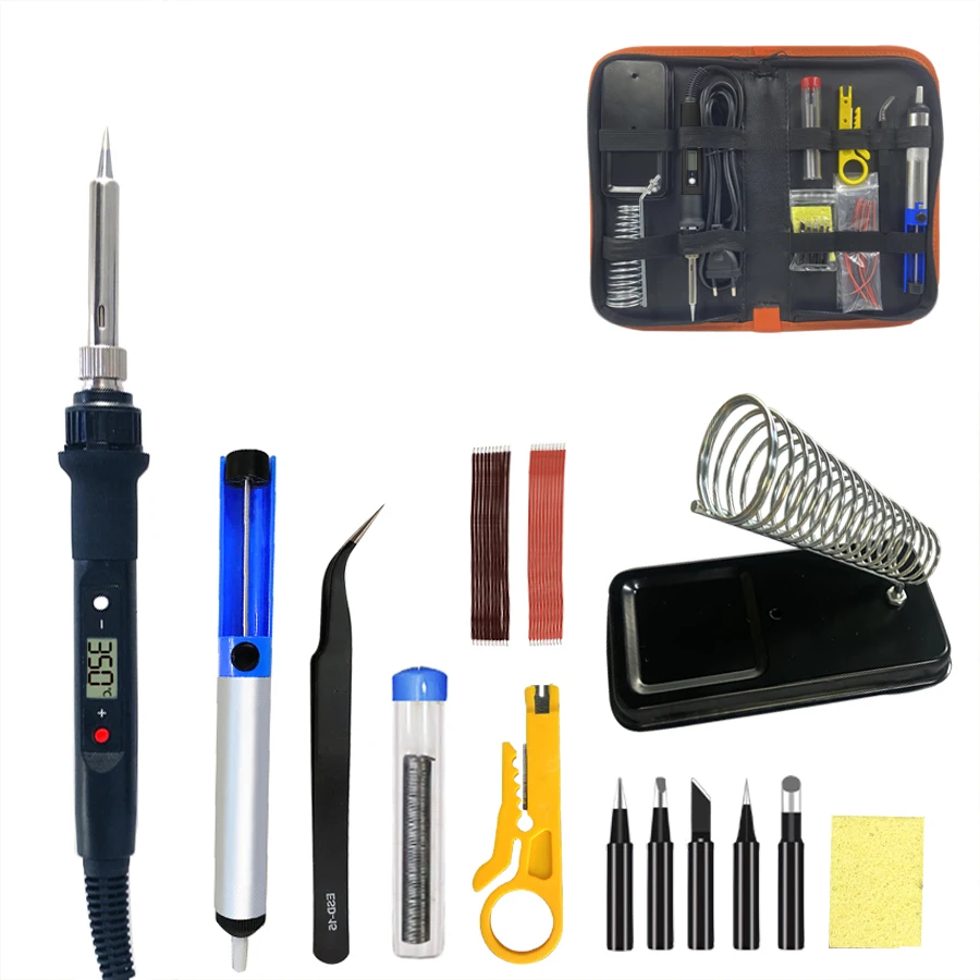 Kit Ferro De Solda De Temperatura Ajustável, LCD Solda Ferramentas De Solda Aquecedor De Cerâmica, Ponta De Solda, Bomba Desoldering, Family Pack, 80W