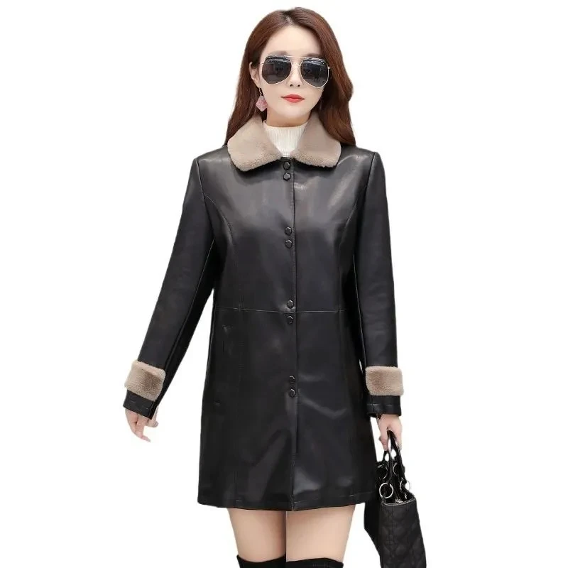 Leather Parka 2022 Winter New PU Leather Jacket Women's Autumn Mid-Long Velvet Thick Warm And Windshield Mother's Outcoat Black