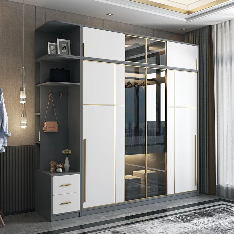 Modern luxury wardrobe household bedroom wardrobe sliding door storage cabinet simple glass sliding door assembly wardrobe