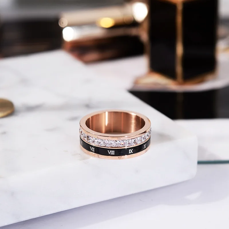 Spinner Ring for Women Roman Numerals Aesthetic 1 Row AAA Zircon Rose Gold Color Stainless Steel Wedding Lover Jewelry(GR405)