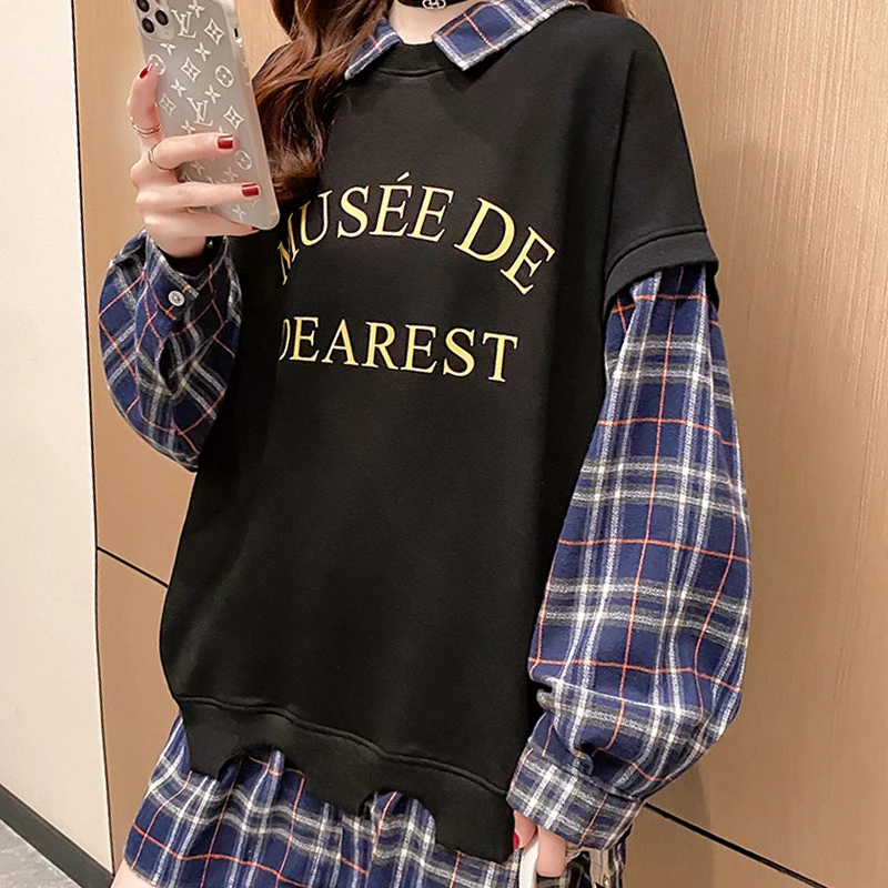 2020 Autumn New Korean Version Loose Fashion Casual Plaid Fake Two-piece Women Sweatshirt Letter Printing Lapel Female Pullover