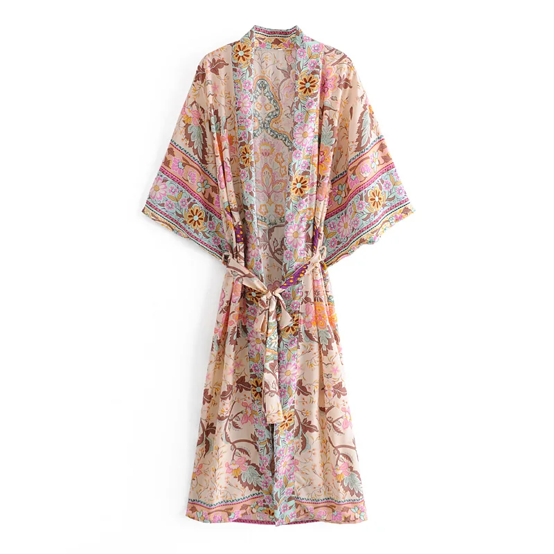 TEELYNN długie Boho Kaftan Cardigan Rayon kwiatowy print Bikini na plażę Cover Up szlafrok Kimono lato luźne damskie bluzki