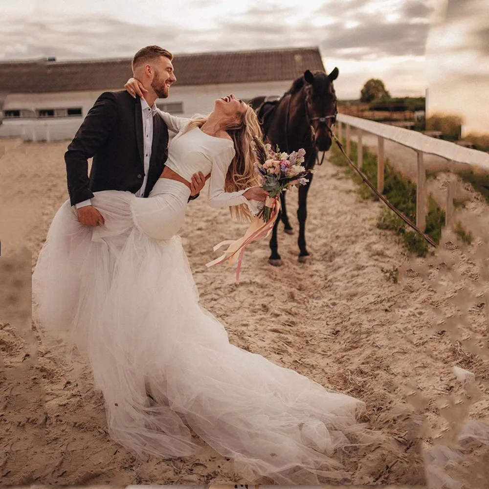 Vestidos de novia de dos piezas de estilo campestre, vestido de novia sencillo de tul de manga larga con cuello redondo, vestidos de novia de playa Vintage personalizados