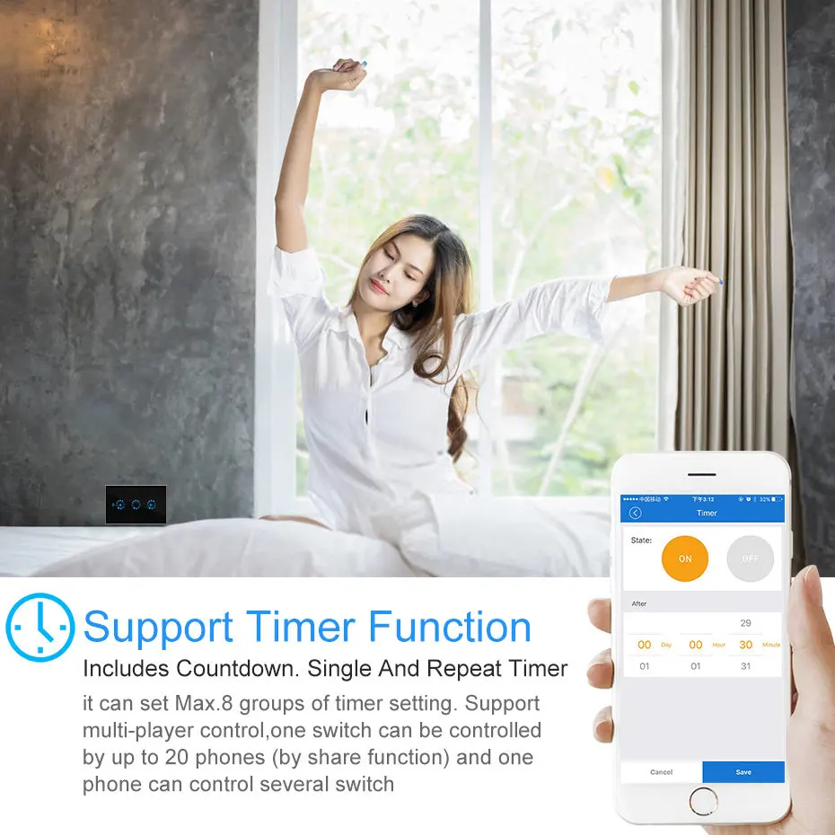 Dimmable WiFi Smart Light Switch 1 Gang Touch Control Stepless Dimmer Switch 300W Remote Control Alexa Google Assistant IFTTT