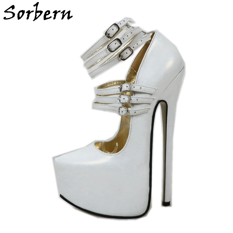 

Sorbern Sexy Matt White Pump Women Shoes 22Cm High Heels Triple Straps Pointed Toe Platform Real Leather Mary Janes Female Shoes