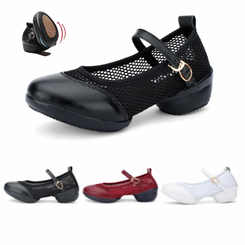 Zapatos de baile latino de malla para mujer, zapatillas modernas de cuero de vaca, zapatos de baile para niña, calzado de punta cerrada para Vals,