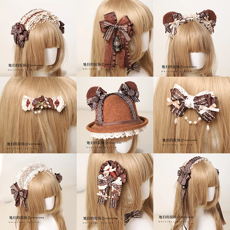 Retro Sweet Lolita Chocolate Tiramisu Handmade Bowknot Headwear Hair band Cute Bear Ears KC Hairpin Headband Hair Accessories