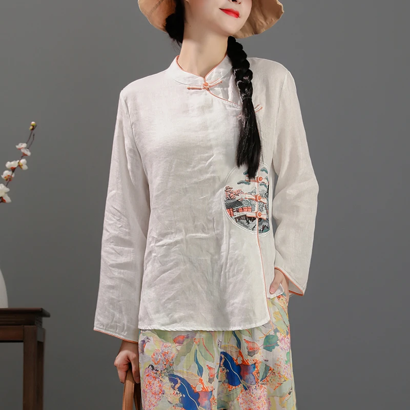 

Spring Summer 100% Linen Ethnic Embroidery One Size Full Sleeves Tai Chi Martial Arts Shirt Clothes