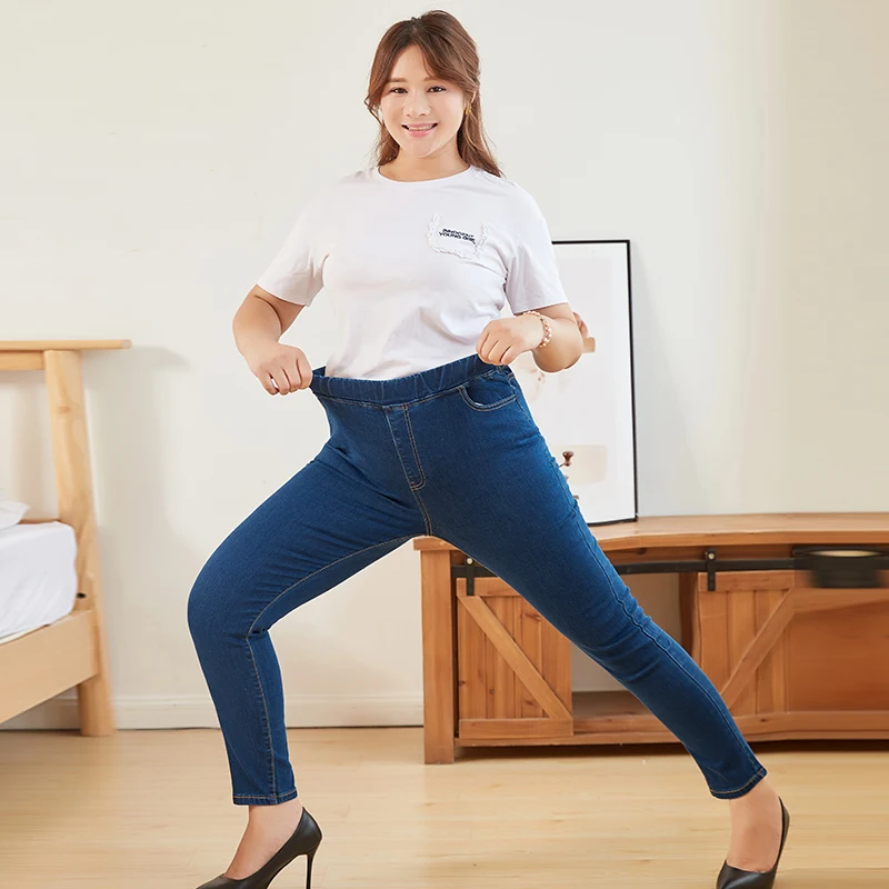 Odzież Plus Size L-6XL damskie jeansy z elastyczną talią wysokiej talii Skinny krzywego Denim dżinsy dla mamy spodnie ołówkowe na co dzień damskie