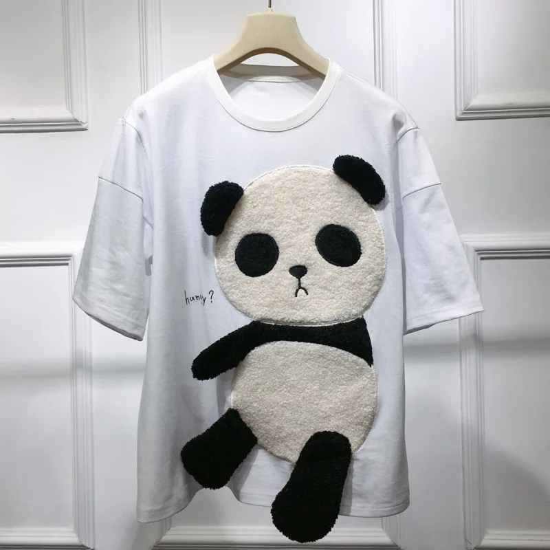 Summer Flocking Cartoon Panda Pattern Stitching T Shirts Women Kawaii Loose Top Girls Street Fashion Hip Hop Casual Top Tees