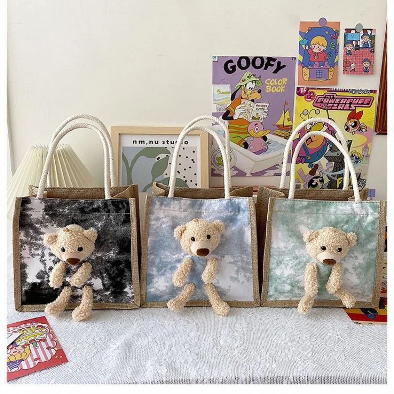 New 3D Bear Cartoon Student Handbag Trend Canvas Bag Lunch Bag Lunch Box Bag Fashion Tote Bag Tie Dye Handbag