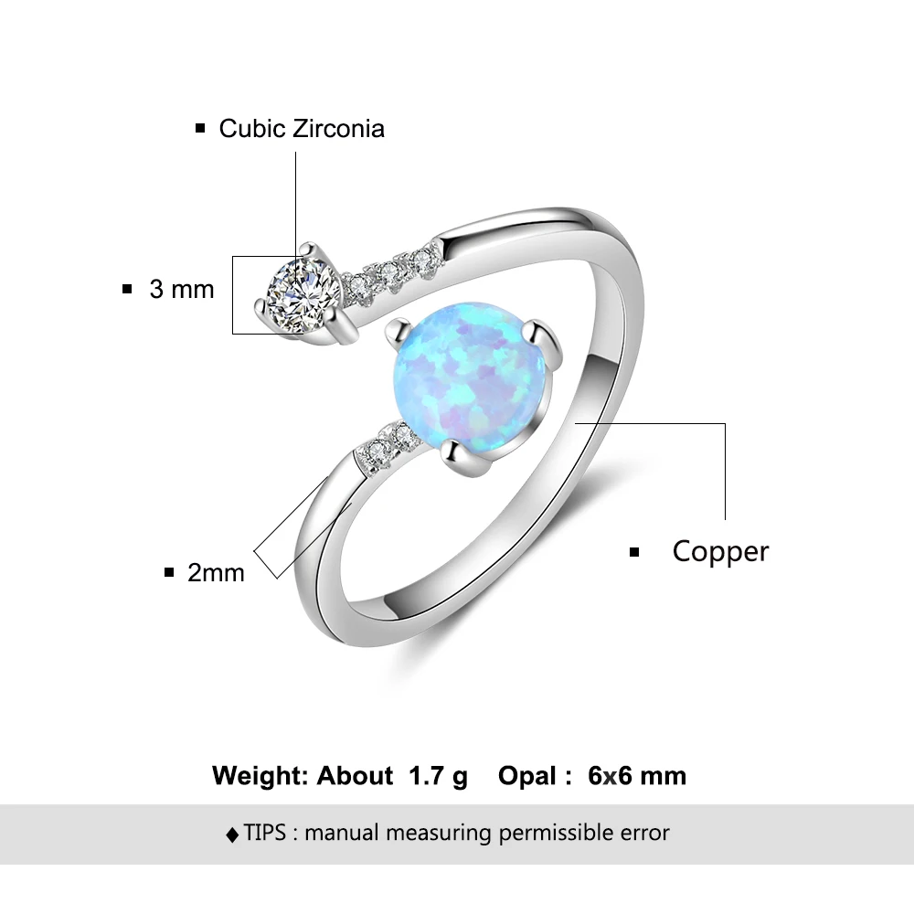 Silver Color Women's Rings Cubic Zirconia Adjustable Wrap Ring With Created Round Blue Opal Wedding Fashion Jewelry for Women