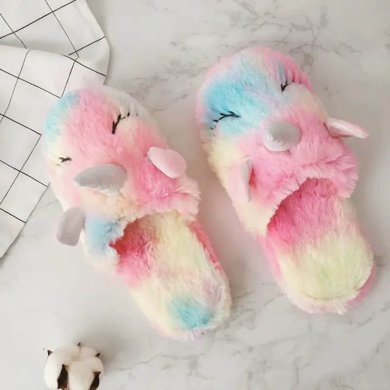 House Women Fur Slippers Cute Colorful Unicorn Cartoon Cozy Home Grils Gifts Slippers Indoor Warm Plush Ladies Fluffy Shoes