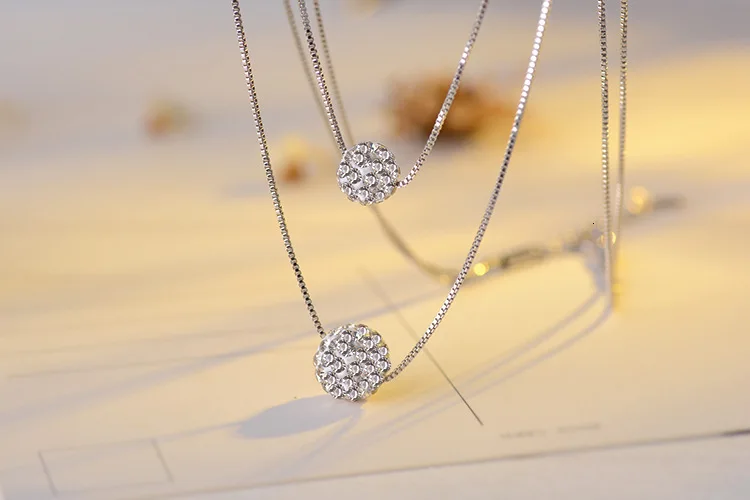 925 Sterling Silver Double Layer Shiny Cz Zirconia Crystal Lucky Ball Pendant Necklace For Women Gift Collares S-n58