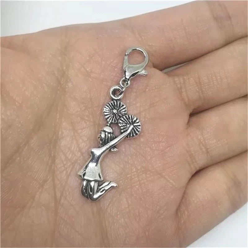 3 Pcs Antique Silver Color Cheerleader Clip on Charm, Cheerleader Zipper Pull, Purse Charm, Sport Jewelry