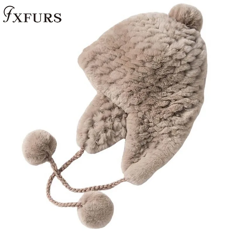 

2020 New Women Winter Knit Rex Rabbit Fur Hat Ear Flap Fur Pom Bomber Hats Caps Russian Hat Ushanka Aviator Trapper Snow Skiing