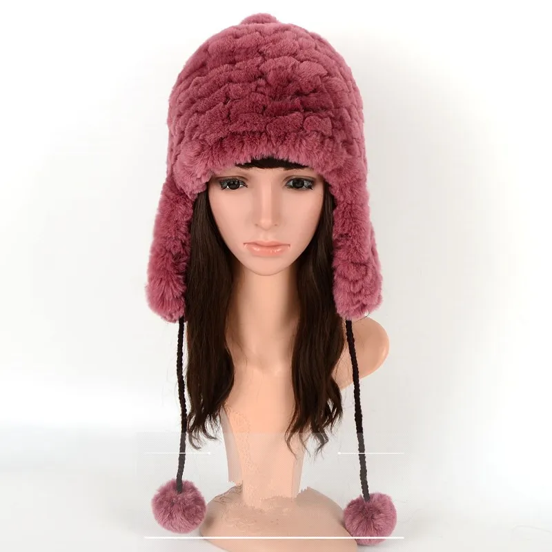 Real Rex Rabbit Fur Hat with Earflap New Design Winter Warm Knitted Cap for Girl Women Big Pompom H5