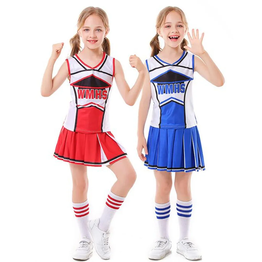 110cm-180cm Women Girl Schoolgirl Cosplay Cheerleader Uniform Sports Cheer Costume Sexy Cheerleader Dress With Socks Pompoms