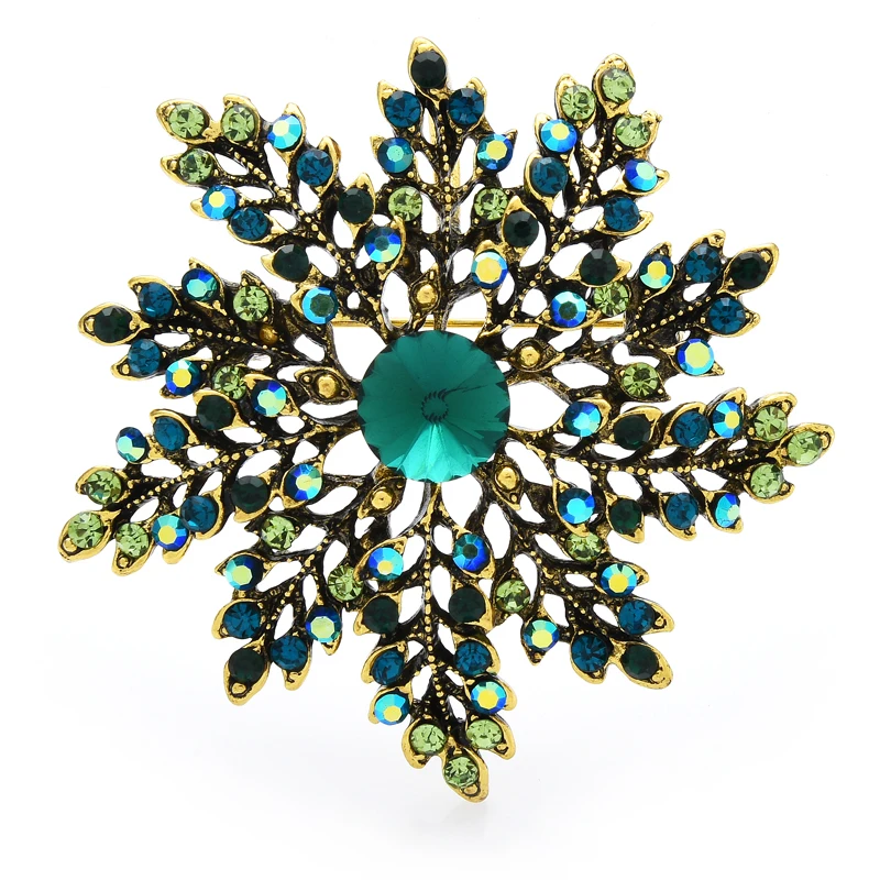 Wuli&baby Green Rhinestone Snowflake Brooches For Women Beauty Flower Party Office Brooch Pin Gifts