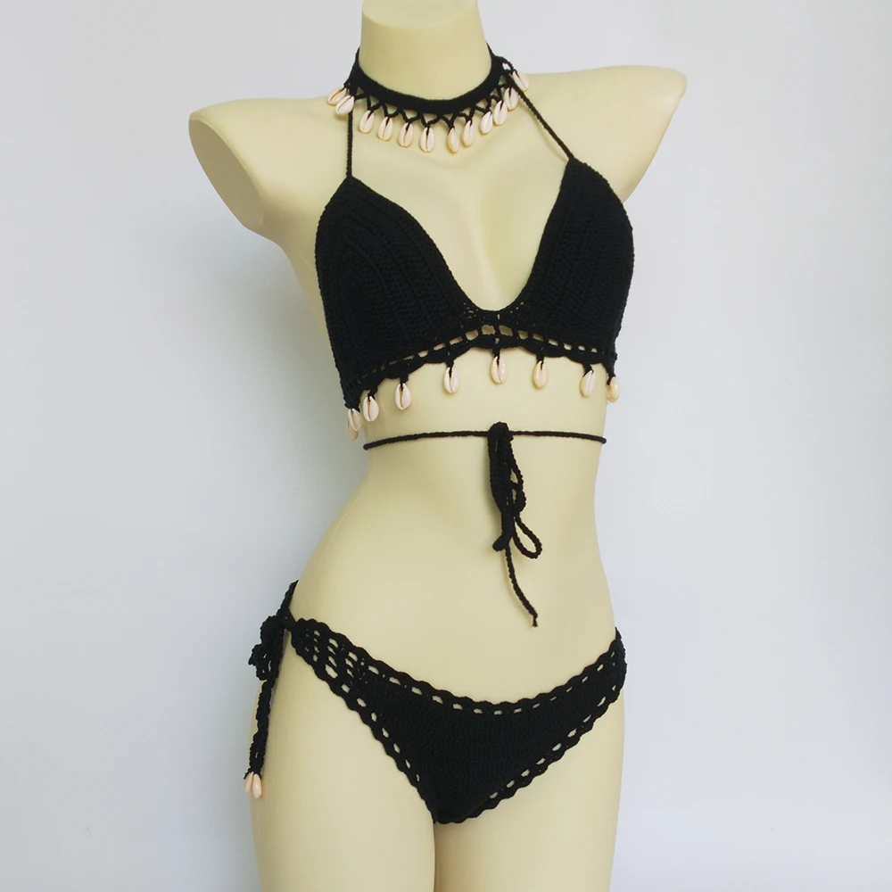 Conjunto de Bikini de 3 uds para mujer, Top de Bikini con borlas de concha de ganchillo y cadena de tobillo de concha, Tanga Sexy, parte inferior de