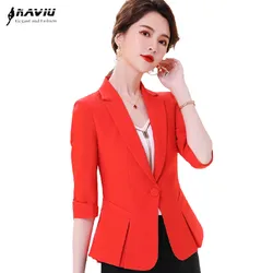 Orange Red Blazer Women New Summer Casual Half Sleeve Fashion Temperament Slim Jacket Office Ladies Formal Work Coat